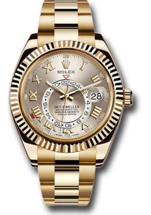 Replica Rolex Yellow Gold Sky-Dweller Watch 326938 Silver Sunray Roman Dial - Gold Bracelet - Click Image to Close